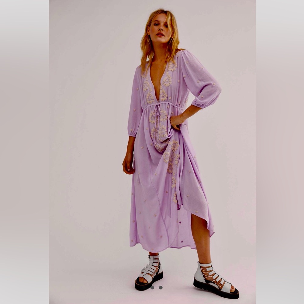Free People Fable Dusty Lavender Embroidered Maxi Dress M Rare